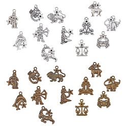 Mixed Color Tibetan Style Alloy Pendant Rhinestone Settings, Twelve Constellations, Mixed Color, Fit for 2mm Rhinestone, 20~27x12~25x2~3mm, Hole: 2mm, 4sets/box