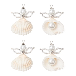 Белый Подвески из моллюсков, ангел, со стеклянными бусинами и петлями из медной проволоки, серебряные, белые, 37~40.5x31.5x12 мм, отверстие : 1.8 мм