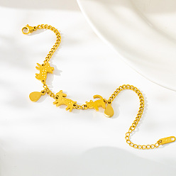 Real 18K Gold Plated 304 Stainless Steel Cat Deer Link Bracelets with Teardrop Charms for Women, Real 18K Gold Plated, 6.30 inch(16cm)
