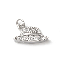 Platinum Rack Plating Brass Clear Cubic Zirconia Pendants, with Jump Ring, Long-Lasting Plated, Cadmium Free & Lead Free, Hat Charms, Platinum, 14x18x4mm, Hole: 3mm