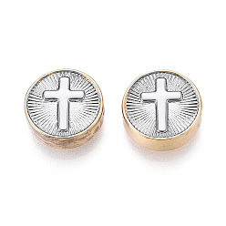 Настоящее золото 18K Латунные бусины, двухцветный плоский круглый с крестом, реальный 18 k позолоченный, 10.5 мм, отверстие : 1.6 мм