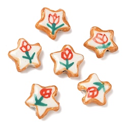 Оранжево-Красный Фарфоровые бусины ручной работы, бусины ручной работы, звезды с цветком, с эмалью, оранжево-красный, 16~17x16~17x5~6 мм, отверстие : 1.6~1.8 мм