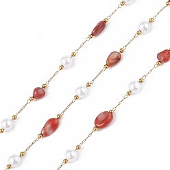 Red Agate Самородок натурального красного агата и цепочка из бусин с имитацией стеклянного жемчуга, с золотыми 304 цепями-сателлитами из нержавеющей стали, несварные, с катушкой, 5~12x4~8x4~7 мм, 6x5 мм, 2.5x2 мм, около 32.81 футов (10 м) / рулон