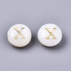 Letter X Natural Freshwater Shell Beads, with Golden Plated Brass Etched Metal Embellishments, Flat Round, Seashell Color, Letter.X, 8x3~5mm, Hole: 0.5~07mm