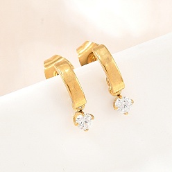 Golden 304 Stainless Steel Pave Single Cubic Zirconia Stud Earrings for Women, with 316 Surgical Stainless Steel Pins, PVD Vacuum Plating, Golden, 11x2mm