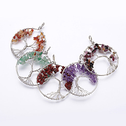 Mixed Stone Natural Gemstone Big Pendants, with Platinum Tone Brass Findings, Flat Round with Tree, 62~66x49~52x3mm, Hole: 5mm