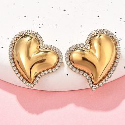 Настоящее золото 18K Сердце 304 серьги-гвоздики из нержавеющей стали с микропаве из прозрачного кубического циркония, реальный 18 k позолоченный, 32.5x32 мм