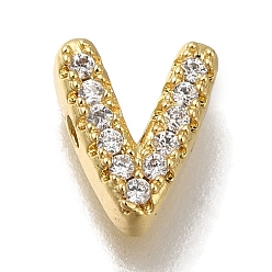 Letter V Покрытие стойки латунь микропаве прозрачные кубические циркониевые бусины, долговечный, без кадмия и без свинца, реальный 18 k позолоченный, Буква V, 8x7x3 мм, отверстие : 0.8 мм