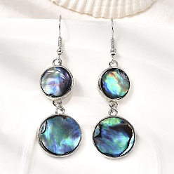 Плоский Круглый Серьги-подвески из натуральной латунной раковины морского ушка, долговечный, стойки покрытие, платина, плоско-круглые, 59x17.5 мм