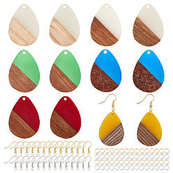 Mixed Color DIY Dangle Earring Making Kits, Including Resin & Walnut Wood Pendants, Brass Earring Hooks, Brass Jump Rings, Teardrop, Mixed Color, Pendants: 36x26.5x3~4mm, Hole: 2mm, 6 colors, 2pcs/color, 12pcs/box
