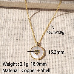 Disc Кулон из натуральной раковины, латунная цепочка., регулируемые слайдерные ожерелья для женщин, золотые, цвет морской раковины, Диск с сердцем, 17.72 дюйм (45 см), Кулон : 15.3x18.9 мм