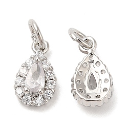 Platinum Brass Micro Pave Cubic Zirconia Pendants, with Jump Ring, Lead Free & Cadmium Free, Teardop Charm, Platinum, 11x6.5x4mm, Hole: 3mm