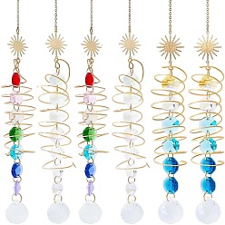 Mixed Color 6Pcs 3 Styles Glass Teardrop Window Hanging Suncatchers, with Brass & Stainless Steel Pendants Outdoor & Garden Decor, Mixed Color, 275~295mm, 2pcs/style