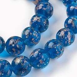Royal Blue Handmade Gold Sand Lampwork Beads Strands, Luminous, Round, Royal Blue, 12mm, Hole: 1.4mm, about 33pcs/strand, 14.3 inch(40cm)