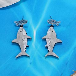 Темно-Серый Акриловые болтаться серьги стержня, акула, темно-серый, 60x23 мм