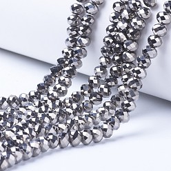 Silver Plated Electroplate Transparent Glass Beads Strands, Full Plated, Faceted, Rondelle, Silver Plated, 8x6mm, Hole: 1mm, about 63~65pcs/strand, 39~40cm