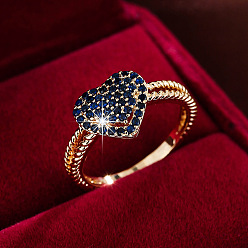 Королевский синий Кольца для женщин с микропаве из латуни и кубическими цирконами, сердце, золотые, королевский синий, размер США 9 (18.9 мм)