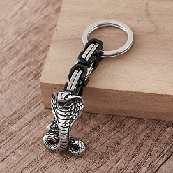Stainless Steel Color Vintage 304 Stainless Steel Cobra Keychains, with Split Key Rings & Byzantine Chains, Stainless Steel Color, 60mm