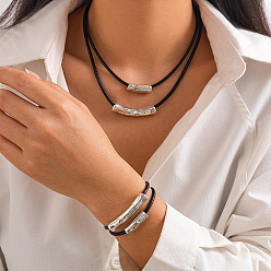 Платина Комплекты ожерелий и браслетов из трубчатого сплава и вощеной кожи для женщин, платина, 360 мм и 170 мм