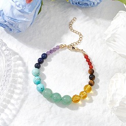 Смешанные камни 7 браслеты с круглыми бусинами из натурального аметиста, сердолика, зеленого авантюрина, тигрового глаза, лазурита, кварцевого кристалла и синтетической зеленой бирюзы, 7-1/4 дюйм (18.3 см)