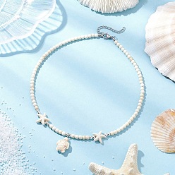 (404) Непрозрачное AB Кислое яблоко Ожерелья с подвесками в виде морских черепах и морских звезд из синтетической бирюзы, ожерелья из синтетического магнезита с 304 цепочкой на конце из нержавеющей стали, цвет нержавеющей стали, цветочный белый, 14.76 дюйм (37.5 см)