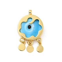 Deep Sky Blue Rack Plating Handmade Evil Eye Lampwork Pendants, with Brass Findings, Long-Lasting Plated, Flat Round, Golden, Deep Sky Blue, 35~35.5x20x5.5mm, Hole: 3mm