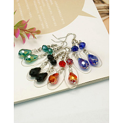 Mixed Color Trendy Glass Teardrop Dangle Earrings, with Brass Oval Rings and Brass Earring Hooks, Mixed Color, 64mm