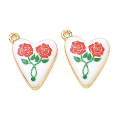 Red Printed Brass Pendants, Heart & Rose Pattern Charms, Rack Plating, Long-Lasting Plated, Lead Free & Cadmium Free, Real 18K Gold Plated, Red, 21.5x18x3.5mm, Hole: 1.5mm