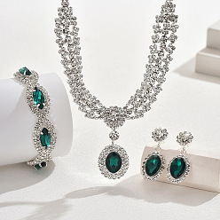 Изумруд Овальные и конские глаза латунные ожерелья, браслеты и комплекты серег со стразами, изумруд, ожерелья: 13.39 дюйм(340мм); браслеты: 7.48 дюйм(190мм); серьги: 35x15мм