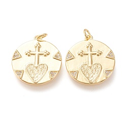 Золотой Латунные микропаве прозрачные подвески с фианитом, с прыжковых колец, долговечный, плоский круглый и сердце и крест, золотые, 22x19.5x2 мм, отверстие : 3 мм