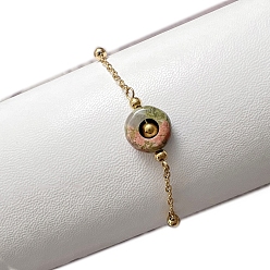 Унакит Нержавеющая сталь ссылка браслеты для женщин, бусы с натуральными Unakite, плоско-круглые, 6-1/4 дюйм (16 см)