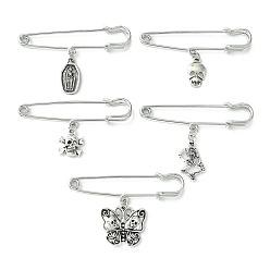 Antique Silver & Platinum Iron Brooches, Alloy Pendant Kilt Pins, Halloween Theme, Skull/Coffin/Butterfly, Antique Silver & Platinum, 30~41mm
