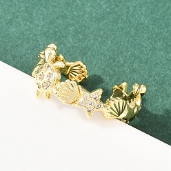 Настоящее золото 18K Латунные кольца-манжеты с микропаве и прозрачным цирконием для женщин, черепаха и морская звезда, стойки покрытие, долговечный, без свинца и без кадмия, реальный 18 k позолоченный, регулируемый, 9.5 мм