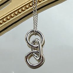 Platinum Brass Triple Twisted Ring Pendant Necklaces, Platinum, 15.75 inch(40cm), pendant: 36x15mm