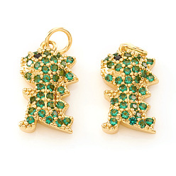 Real 18K Gold Plated Brass Micro Pave Cubic Zirconia Charms, with Jump Rings, Dinosaur, Green, Real 18K Gold Plated, 13.5x8x3mm, Jump Ring: 4x0.5mm, Hole: 2.5mm