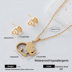 Elephant 304 Stainless Steel Pendant Necklace & Stud Earrings Set for Women, Golden, Elephant, 450mm, Earring: 8x11mm