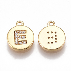 Letter E Brass Cubic Zirconia Charms, Flat Round with Letter, Nickel Free, Real 18K Gold Plated, Clear, Letter.E, 12x10x2mm, Hole: 1mm