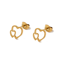 Golden PVD Vacuum Plating 304 Stainless Steel Stud Earrings, Hollow Heart, Golden, 8x9.5mm