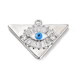 Platinum Rack Plating Brass Micro Pave Cubic Zirconia and Enamel Pendants, Triangle Charms, Long-Lasting Plated, Cadmium Free & Lead Free, Evil Eye, Platinum, 16x21.5x3mm, Hole: 1.4mm