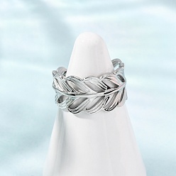 Stainless Steel Color 304 Stainless Steel Cuff Open Rings, Feather, Stainless Steel Color, 11mm, US Size 7 1/4(17.5mm)