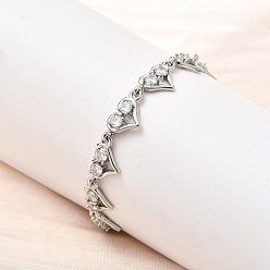 Платина Браслеты-цепочки из латуни с микропаве из кубических цирконий в форме сердца, стойки покрытие, долговечный, без кадмия и без свинца, платина, 5-7/8 дюйм (15 см)