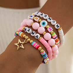 Звезда 5шт. 5 стили браслетов на День матери из акрила, пластика CCB и полимерной глины с бусинами, эластичные браслеты, браслеты с подвесками из сплава для женщин, разноцветные, звезда и слово мама, внутренний диаметр: 2.17 дюйм (5.5 см)