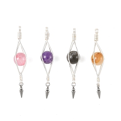 Platinum & Silver 4Pcs 4 Colors Natural Labradorite & Yellow Hematoid Quartz & Amethyst & Green Jade Copper Wire Glass Wrapped Pendants, Platinum & Silver, 66x14x14mm, Hole: 2.8mm, about 1pc/color