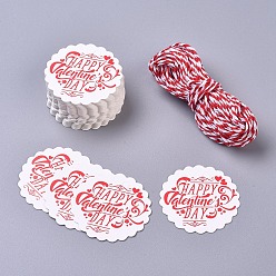 White Paper Gift Tags, Hange Tags, For Arts and Crafts, with Cotton Cords, for Valentine's Day, Flower with Word Happy Valentine's Day, White & Red, 45x0.5mm, 50pcs/set