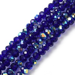 Темно-Синий Гальванизируйте прозрачное стекло бисер нитей, рондель, с покрытием AB цвета, с половиным покрытием, граненые, темно-синий, 4x3 мм, отверстие : 1 мм, около 145~148 шт / нитка, 17.83~18.31'' (45.3~46.5 см)