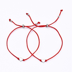 Rot Tag Schmuck der Mutter, Mutter und Tochter verstellbare Nylonfaden-Schiebebänder-Sets, mit Messing-Perlen, Herz, Platin Farbe, rot, Innendurchmesser: 2-1/2~3-1/4 Zoll (6.25~8.3 cm), 2 Stück / Set