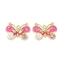 Hot Pink Rack Plating Alloy Enamel Pendants, with Resin, ABS Imitation Pearl Beads, Rhinestone and Glass Beads, Cadmium Free & Nickel Free & Lead Free, Butterfly, Hot Pink, 29x37.5x8mm, Hole: 2.5mm