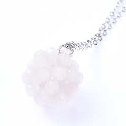 Rose Quartz Pendant Necklaces, with Handmade Natural Rose Quartz Woven Beads, Ball Cluster Beads and Brass Cable Chains, 18.30 inch(46.5cm)