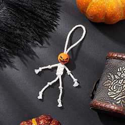 Белый Подвеска из хлопкового шнура и бусин в виде деревянной тыквы на Хэллоуин, белые, 127 мм