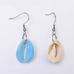 Light Sky Blue Dangle Earring, with Stainless Steel Findings, Cowrie Shell and Enamel Beads, Light Sky Blue, 41.5~45.5mm, Pin: 0.6mm